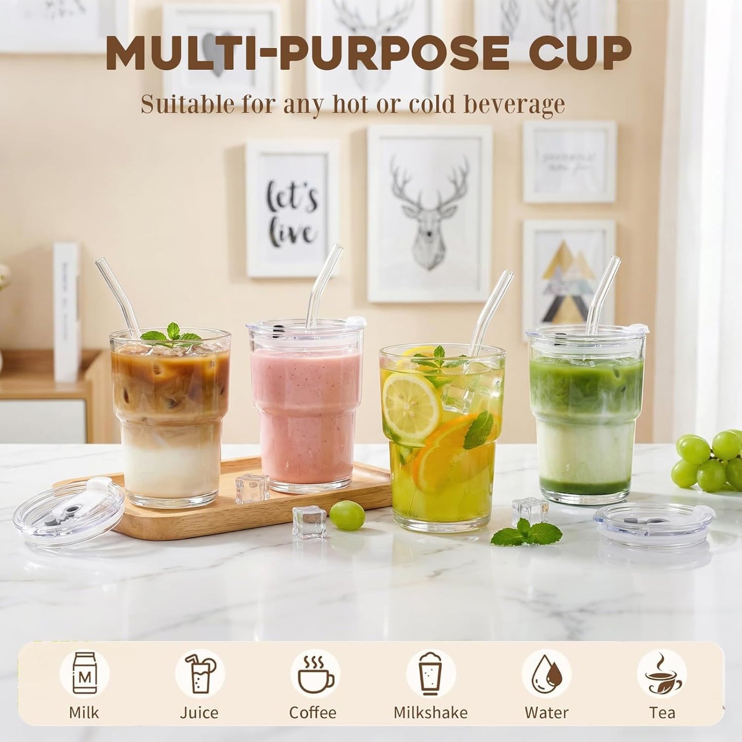 Haundry 14oz Glass Tumbler with Straw and Lid, Reusable Iced Coffee Cup Tumbler, Cute Glass Cups for Water, Matcha, Travel Coffee Mugs