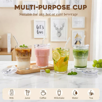 Haundry 14oz Glass Tumbler with Straw and Lid, Reusable Iced Coffee Cup Tumbler, Cute Glass Cups for Water, Matcha, Travel Coffee Mugs