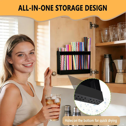 New Upgrade 9.5" Large Acrylic Straw Holder for Cabinet Door-Reusable Tumbler Straw Organizer Storage,Small Kitchen Organizers and Storage Accessories Container,Ultra Sticky Cupboard Door Mounted
