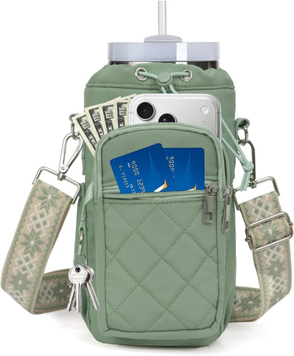 Water Bottle Holder with Strap, 32oz 40oz Insulated Water Bottle Carrier Bag, Purse Crossbody Sling Bag with Phone Pocket for Walking Hiking