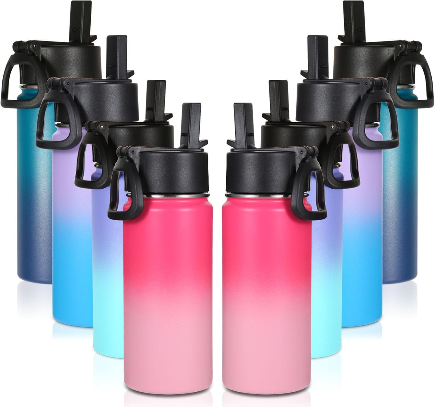 Volhoply 16 OZ Kids Water Bottle Bulk 8 Pack,Insulated Sports Bottles with Straw Lid,Stainless Steel Bottle with Handle Keep Cold & Hot,Double Wall Vacuum Tumbler Cups for School(Eight Color, 8)