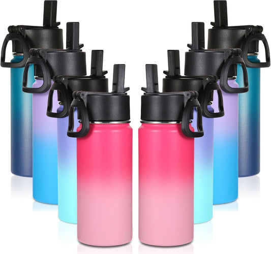 Volhoply 16 OZ Kids Water Bottle Bulk 8 Pack,Insulated Sports Bottles with Straw Lid,Stainless Steel Bottle with Handle Keep Cold & Hot,Double Wall Vacuum Tumbler Cups for School(Eight Color, 8)