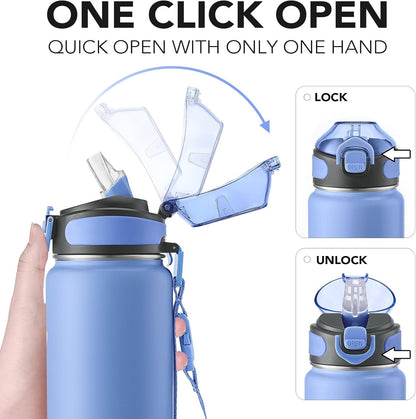 Enerbone 24 oz Insulated Water Bottle, Stainless Steel Bottle with Carrying Strap, Double-Wall Vacuum Insulation Design, Leakproof Sports Bottle with Straw, Keep Drinks Cold or Hot for Hours