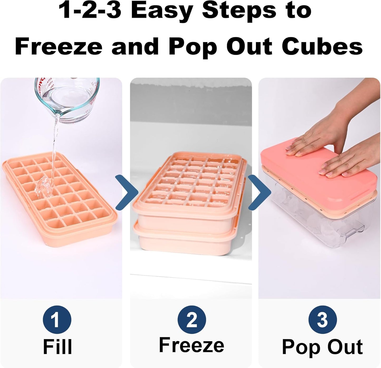 Ice Trays for Freezer with Lid & Bin, Ice Cube Tray Making 64 pcs Ice Cubes, Easy Press to Release Ice, Ice Tray with Storage Bin Chilling Cocktail Whiskey Coffee 2 Trays 1 Ice Bucket & Scoop (Black)
