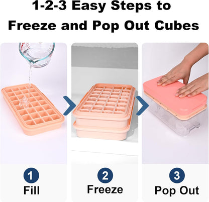 Ice Trays for Freezer with Lid & Bin, Ice Cube Tray Making 64 pcs Ice Cubes, Easy Press to Release Ice, Ice Tray with Storage Bin Chilling Cocktail Whiskey Coffee 2 Trays 1 Ice Bucket & Scoop (Black)