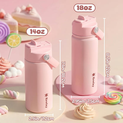 KEWIXY Kids Water Bottle for School, Easy Slide Lid, Leak Proof, Keep Cold 24H, Vacuum Insulated Tumbler, Metal Stainless Steel with Straw and Handle, for Boys&Girls (18OZ, Candy Pink)