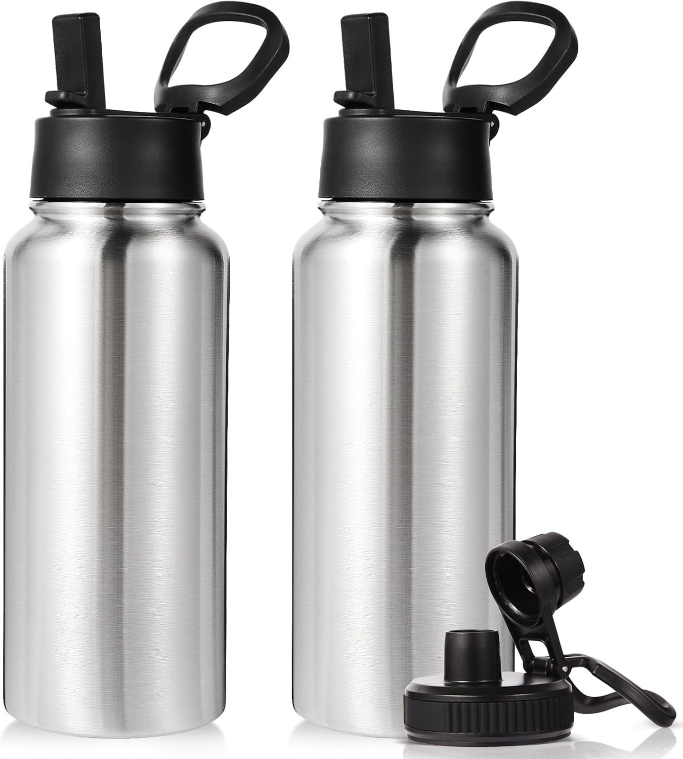 Neihepal 32 oz Insulated Water Bottle with 2 Lids (Straw & Spout Lid), 18/8 Stainless Steel Double Wall Water Bottles for Gym, Travel, Camping, Sports (Silver,1 Pack)