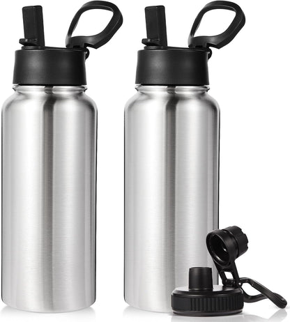 Neihepal 32 oz Insulated Water Bottle with 2 Lids (Straw & Spout Lid), 18/8 Stainless Steel Double Wall Water Bottles for Gym, Travel, Camping, Sports (Silver,1 Pack)