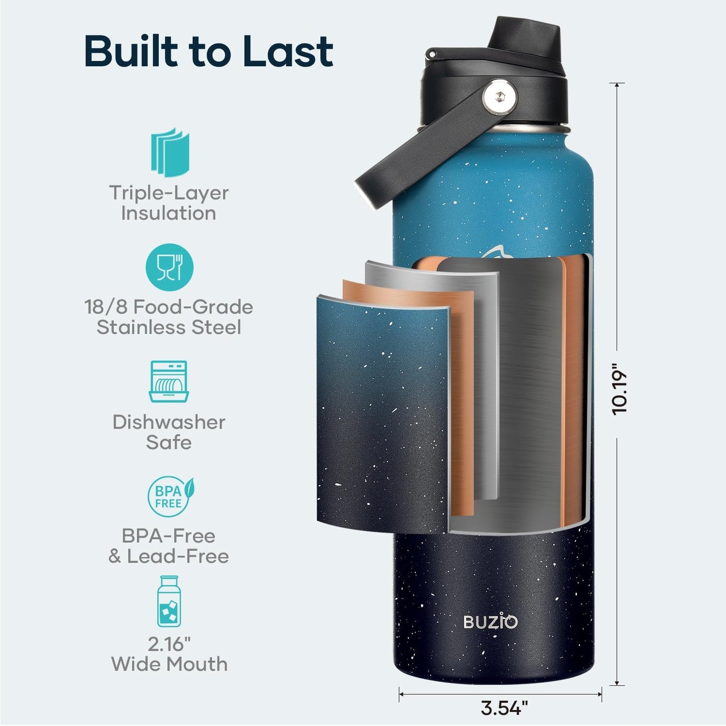 BUZIO 40oz Insulated Water Bottle, Triple Wall Vacuum Stainless Steel Water Flask with 2 lids, Lead-Free BPA-Free Straw Lid Sports Canteen Jug, Cold 48H & Hot 24H- Black - Colors A