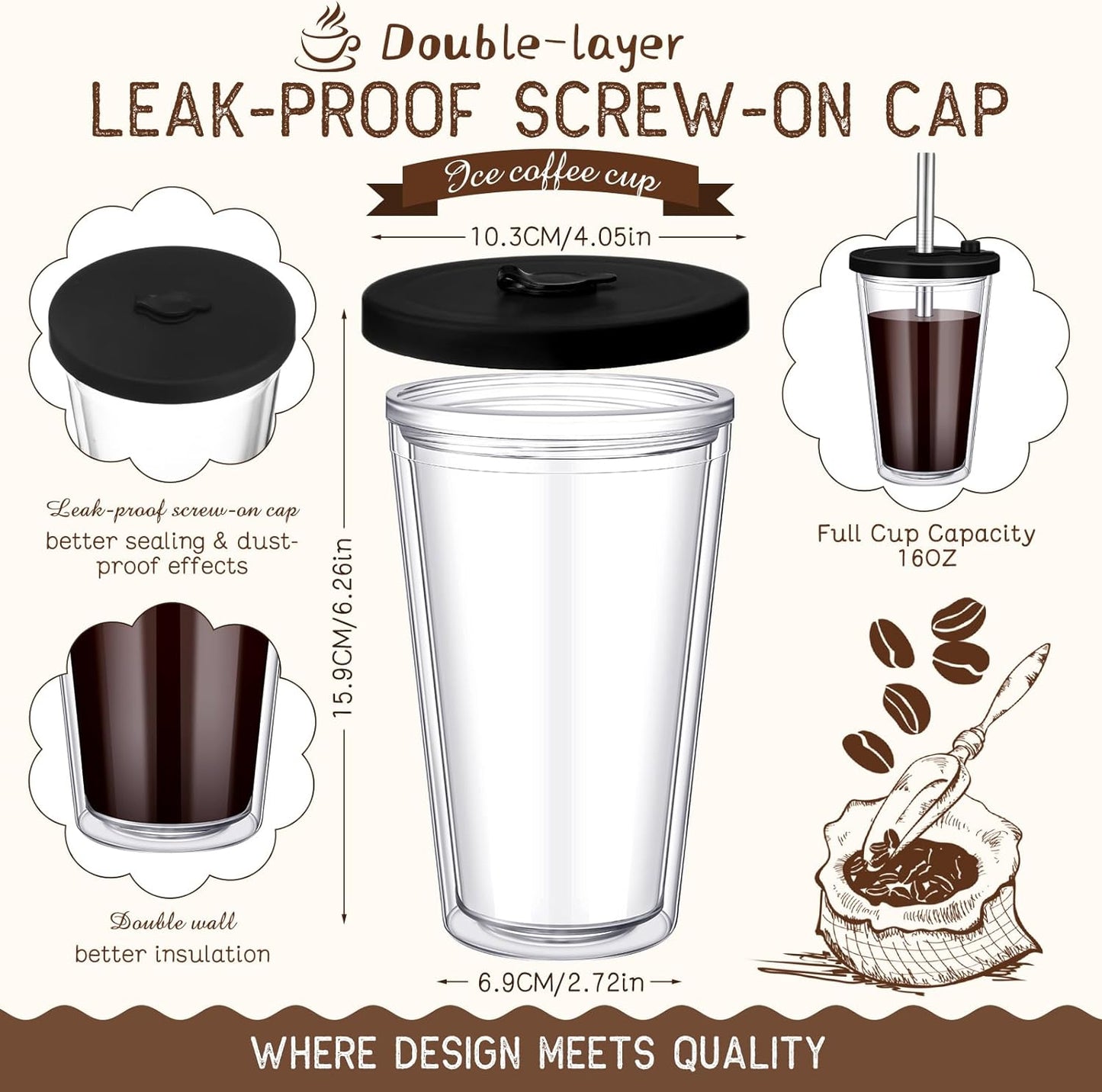 Honeydak 4 Pack 24 oz Reusable Iced Coffee Cups with Lids and Straws Leakproof Double Wall Insulated Clear Plastic Iced Coffee Tumblers with Straw Brushes