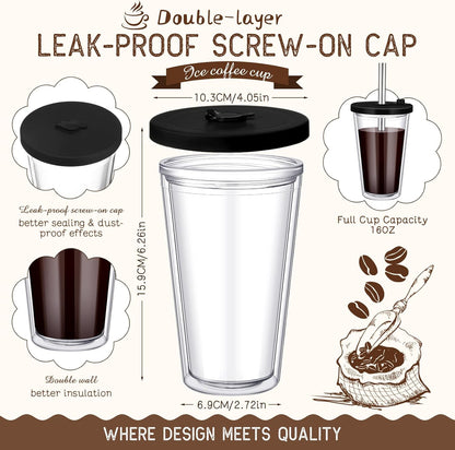 Honeydak 4 Pack 24 oz Reusable Iced Coffee Cups with Lids and Straws Leakproof Double Wall Insulated Clear Plastic Iced Coffee Tumblers with Straw Brushes
