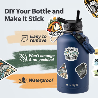 WixByti 40 oz Insulated Water Bottle with Straw (Cold for 36 Hrs), Stainless Steel Triple Wall Vacuum Sports Water Jug, Leakproof Hydro Cup Flask with Paracord Handle & Straw Spout Lids & DIY Stickers