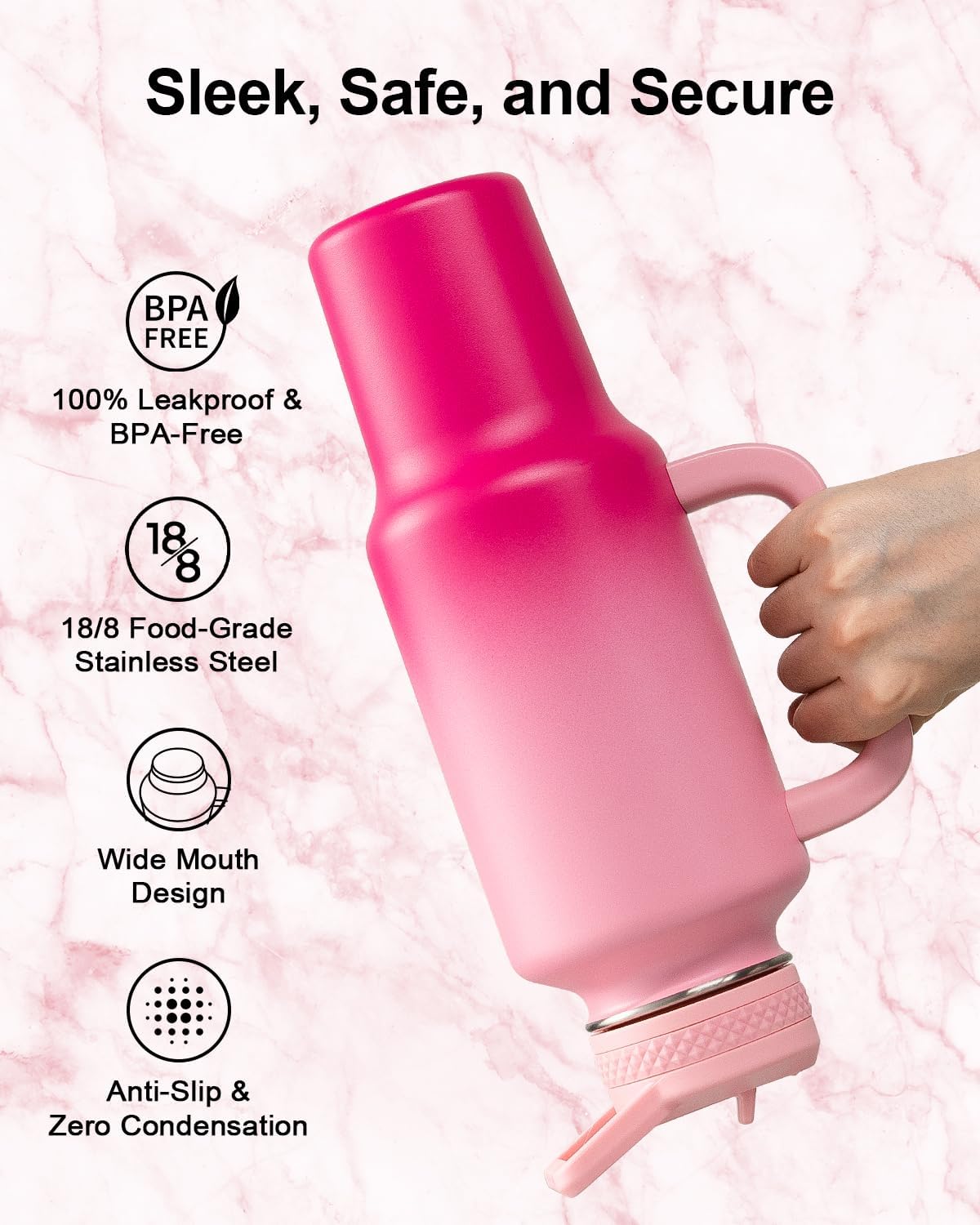 Trebo 40 oz Water Bottle Insulated Fit Car Cup Holder with Handle, Stainless Steel Water Bottles Tumbler with Spout Straw Lids, Double Wall Travel Reusable Flask, Leakproof Mug,Keep Cold &Hot,Black