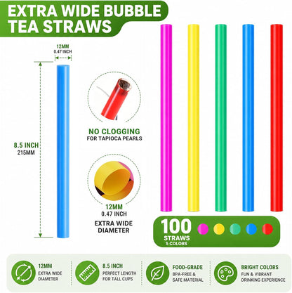 ALINK 100 Extra Large Plastic Bubble Tea Smoothie Straws, 1/2" Wide X 8 1/2" Long Jumbo Boba Straws for Milkshakes, Milk Tea, Slush, Juice, Party