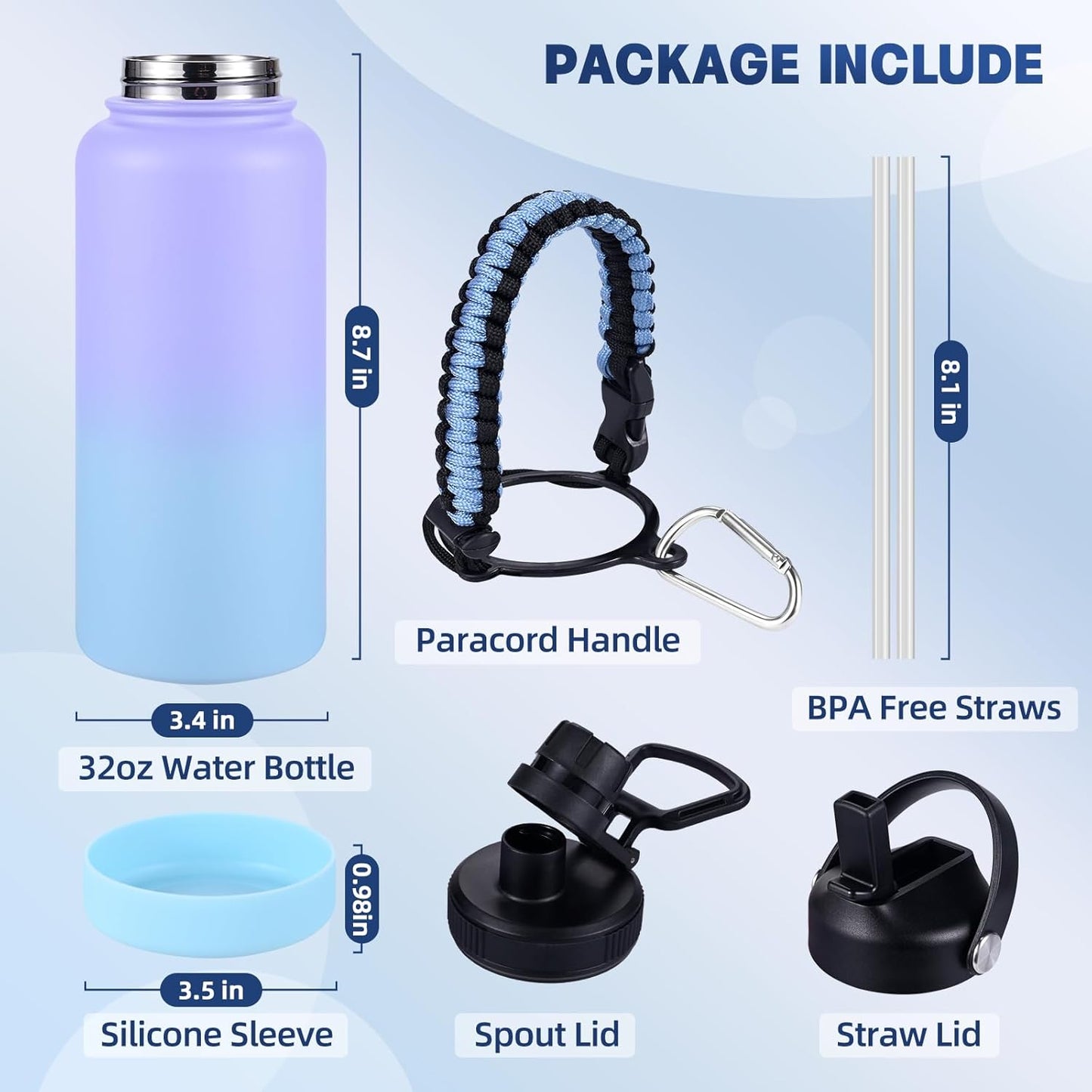 Insulated Water Bottle, 32 oz Stainless Steel Wide Mouth Water Bottles with 2 Leak Proof Lid and Paracord Handle, Double Wall Vacuum Insulated Sports Water Bottle, Purple Black