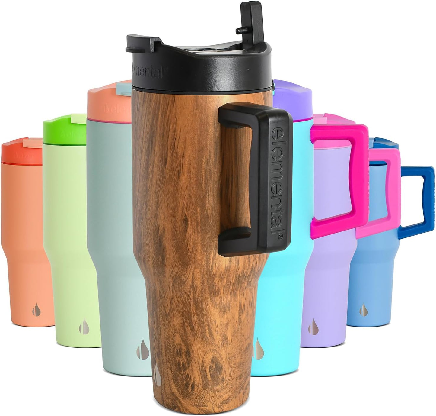 Elemental 32 oz 100% Leak Proof Tumbler with Handle & Straw - Stainless Steel Double Wall Insulated Tumbler for Hot and Cold Beverages - Travel Coffee Mug with Sip & Straw Lid - White - Colors B