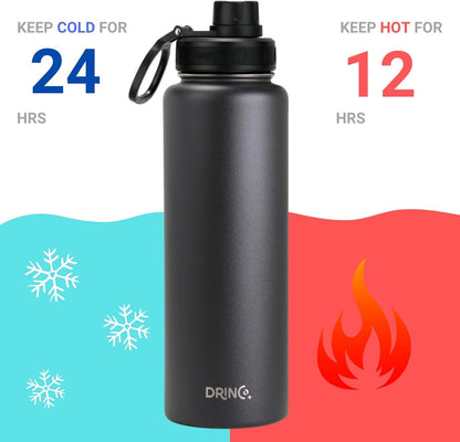 Drinco Stainless Steel Water Bottle Spout Lid Vacuum Insulated Double Wall Water Bottle Wide Mouth (40oz 32oz 22oz 18oz 14oz) Leak Proof Keep Cold Sport Camping Hiking (22 oz, 22oz Black)