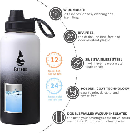 Farsea Insulated Water Bottle With Paracord Handle, Protective Silicone Boot and 2 Lids (Straw Lid & Spout Lid), Stainless Steel Water Bottle Wide Mouth, Double Wall Sweat-Proof BPA-Free, 24 oz