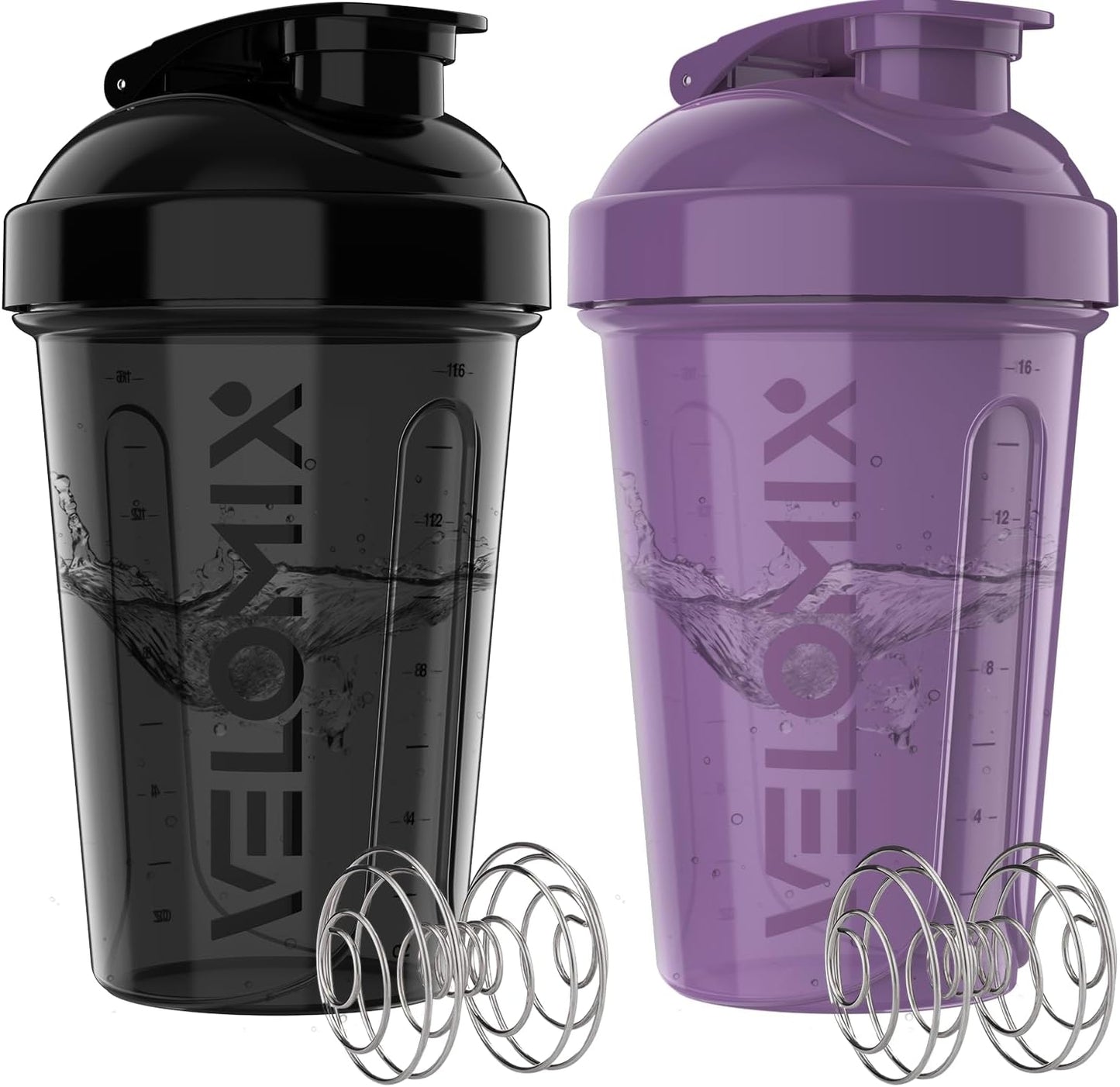 VELOMIX -2 Pack- 20 oz Protein Shaker Bottles for Protein Mixes - 2x Wire Whisk | Leak Proof Shaker Cups for Protein Shakes and Pre Workout | Protein Shaker Bottle Pack (Black/Transparent)
