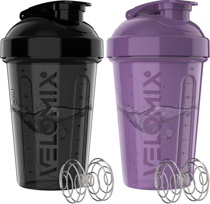 VELOMIX -2 Pack- 20 oz Protein Shaker Bottles for Protein Mixes - 2x Wire Whisk | Leak Proof Shaker Cups for Protein Shakes and Pre Workout | Protein Shaker Bottle Pack (Black/Transparent)