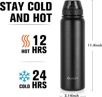 Oldley Insulated Water Bottle 20oz for Adults Kids Stainless Steel Water Bottles with Straw/Chug/Carabiner 3 Lids Fruit Strainer Double Wall Vacuum Wide Mouth BPA Free Leak-Proof for School Travel