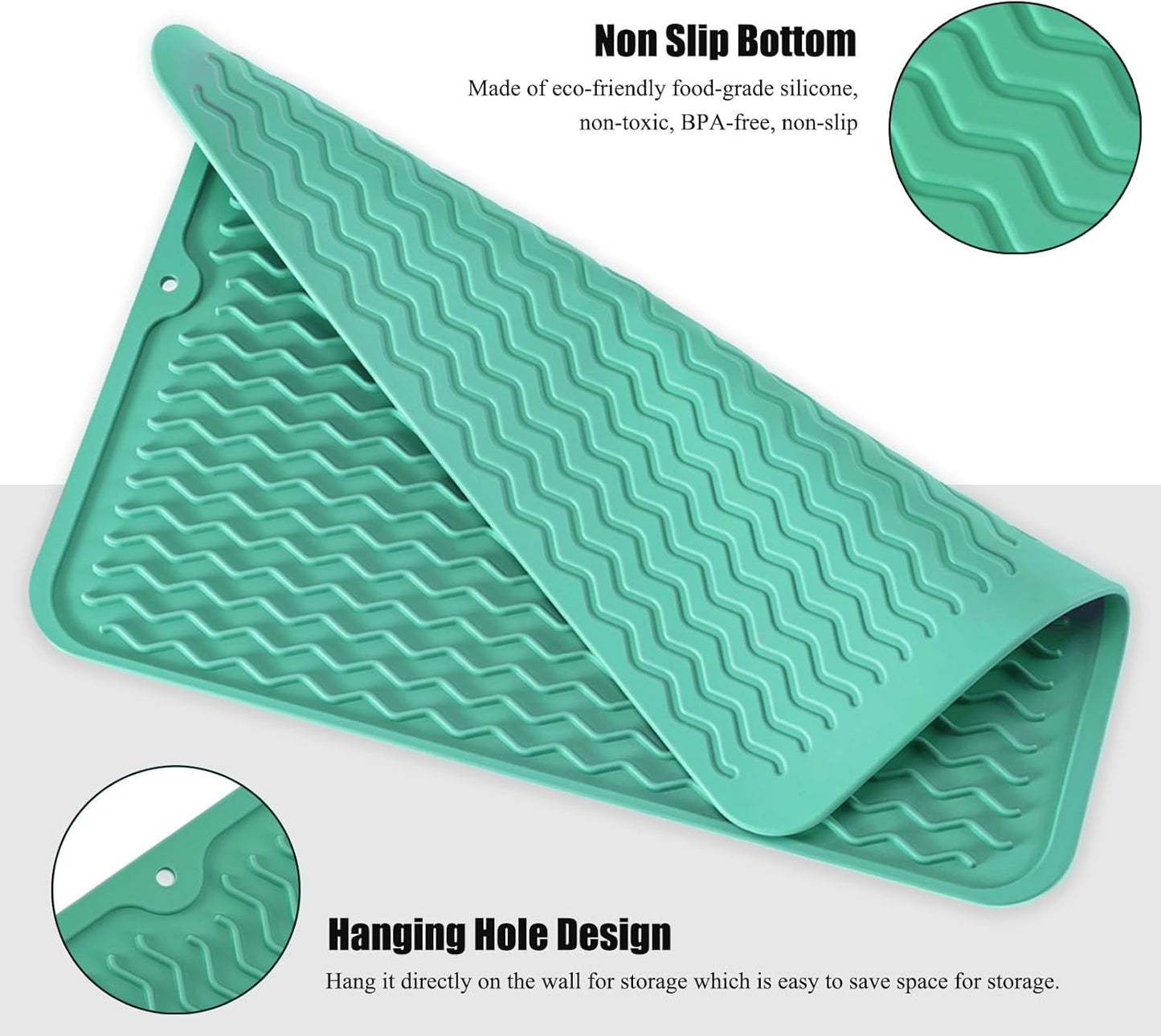 Silicone Dish Drying Mat, Non-Slip Easy Clean Sink Mat Large Heat-resistant Dish Drainer Mat for Kitchen Counter, Sink, Refrigerator or Drawer liner (12" x 6", BLACK)