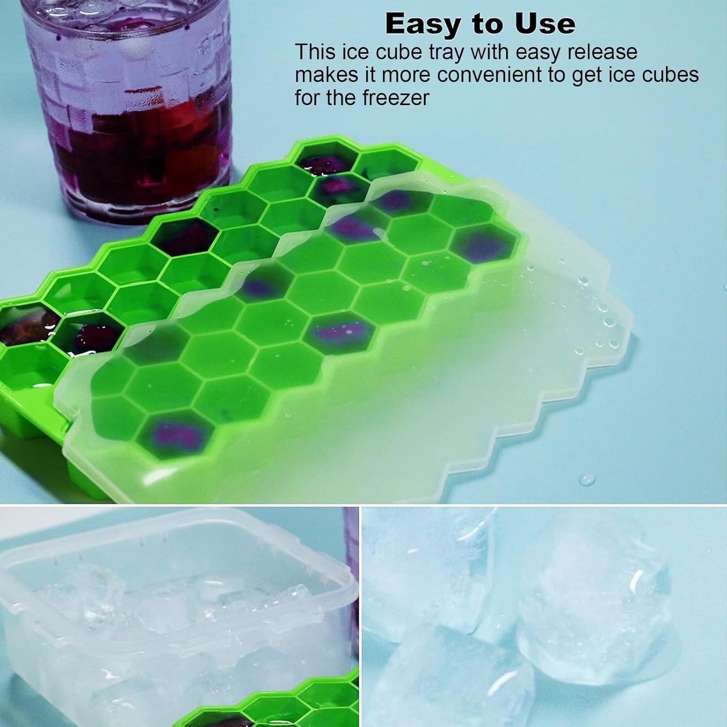 Ice Cube Trays for Freezer with Lid-37 Grid Silicone for Small Ice Cube Molds,Easy-Release Reusable in Organizer Bins or Ice Bucket for Cocktail bar or Iced Coffee Cup