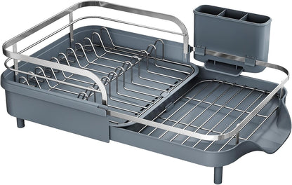 SAYZH Dish Drying Rack - Expandable Dish Rack for Kitchen Counter, Rust-Resistant Dish Drainer with Utensil Holder and Raised Guardrail, Kitchen Organizer for Cup and Bottle (Black)