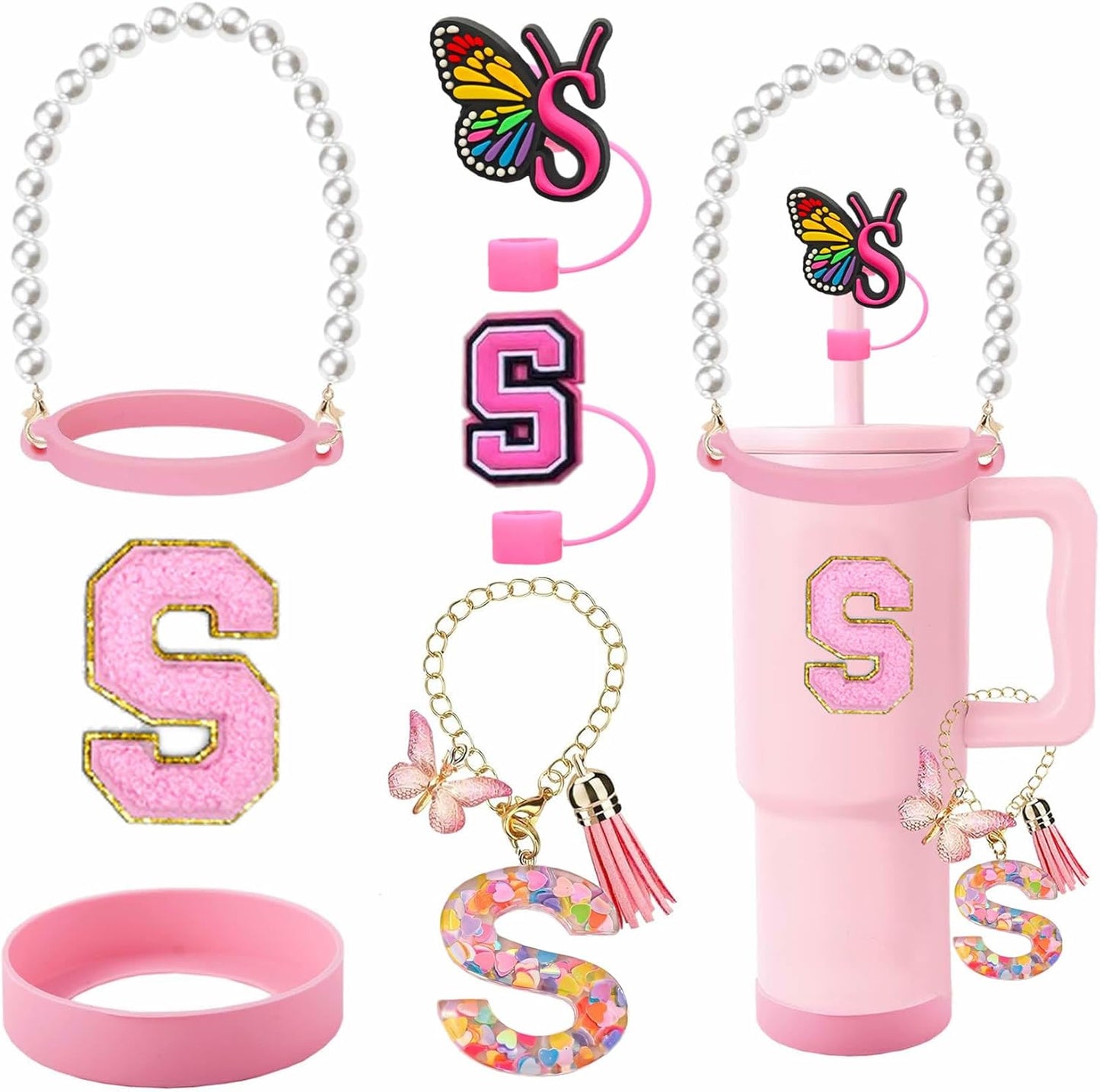 7pcs Cup Accessories for Stanley 30/40oz Tumbler, Handle Strap, Straw Cover, Silicone Boot, Letter Charm Stickers