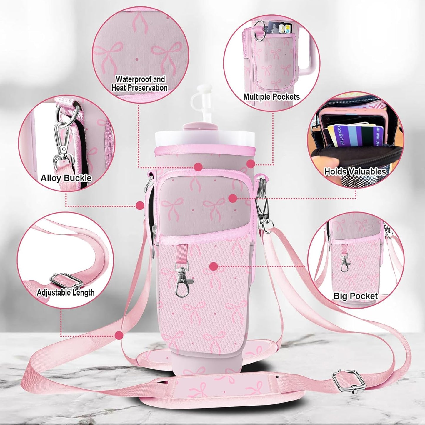Stanley Carrier Bag for Stanley 40oz/30ozTumbler with Phone with 2 Adjustable Strap,3 Pockets Bottle Stanley Cup Carrier Bag & Case,Accessories for Hiking Travelling