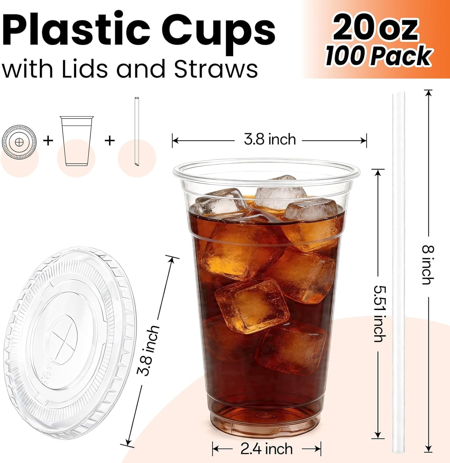 100 Pack 16 oz Plastic Cups with Lids and Straws, Clear Disposable Plastic Cups, Heavy Duty Iced Coffee Cups with Leak-Resistant Lids, Cold Drink Cups for Juice, Coffee and Milk Tea & Party To Go