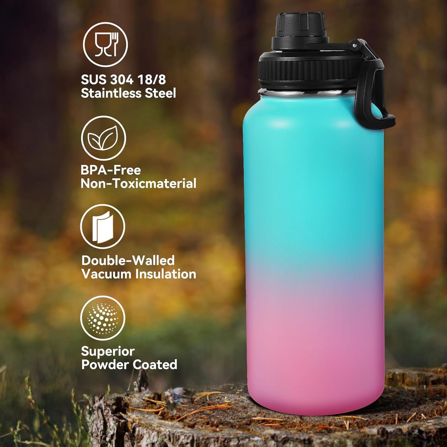 Neihepal 32 oz Insulated Water Bottle with 2 Lids (Straw & Spout Lid), 18/8 Stainless Steel Double Wall Water Bottles for Gym, Travel, Camping, Sports (Silver,1 Pack)