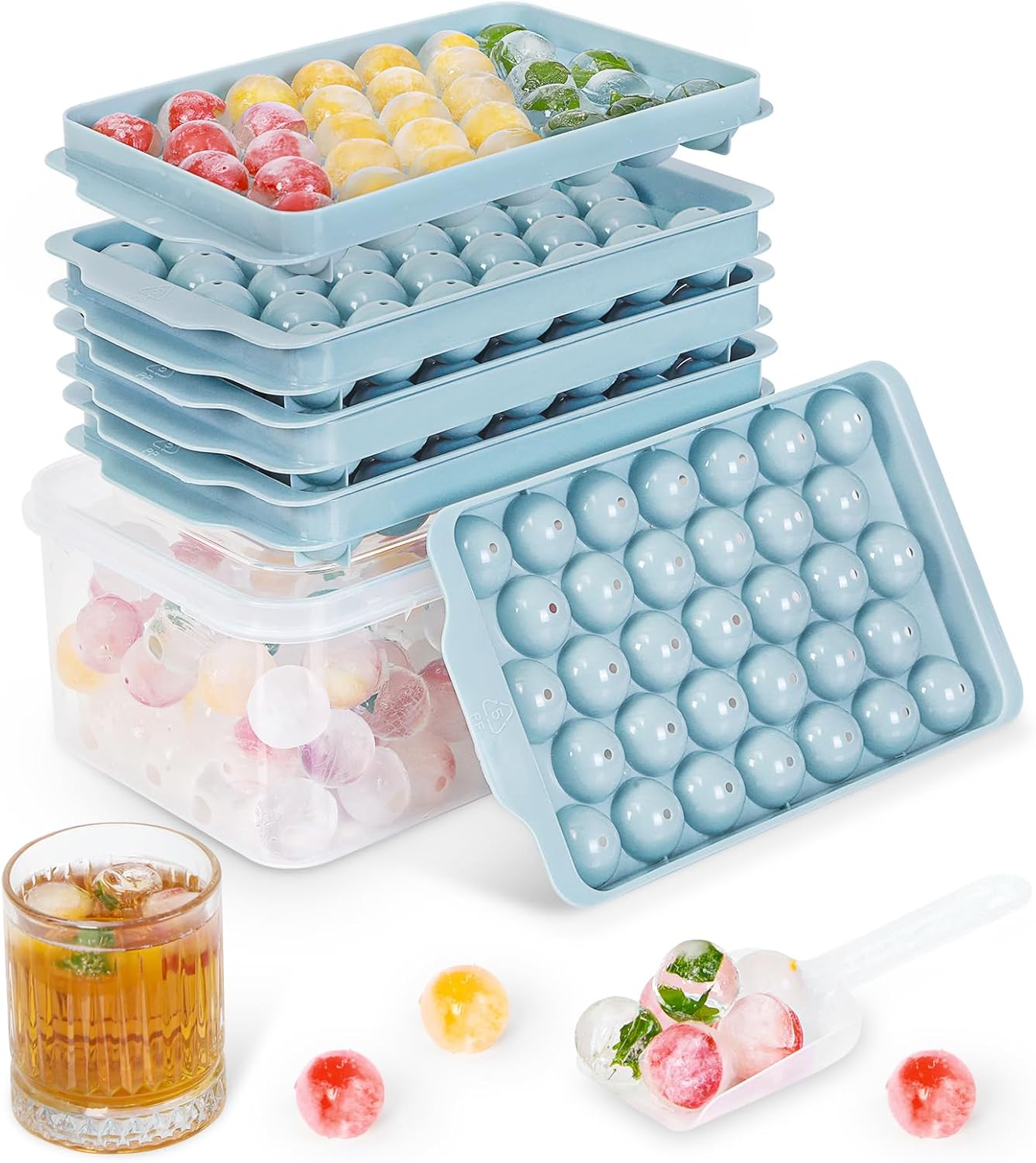 Optish 3 Pack Ice Trays for Freezer, 99 PCS Ice Cube Tray with Lid and Bin, Round Ice Cube Mold, Circle Ice Maker for Chilling Drinks (0.8 inch, Pink)