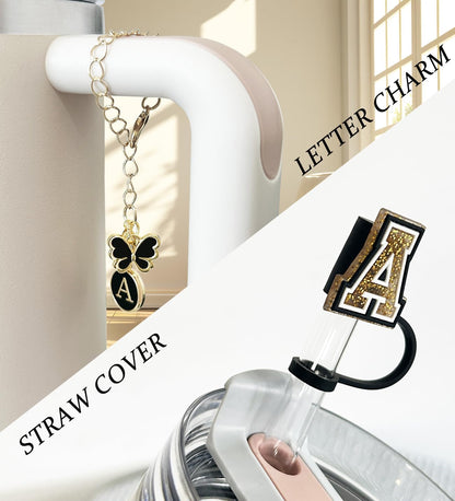 （3 +3) 3PCS Nuozme Straw Cover 10mm For Stanley Tumbler Cup Reusable Straw Cap Topper with 3 Initial Letter Charms Accessories Name ID Personalized Handle Charm For Stanley 30&40 Oz Cup Tumbler - Colors A