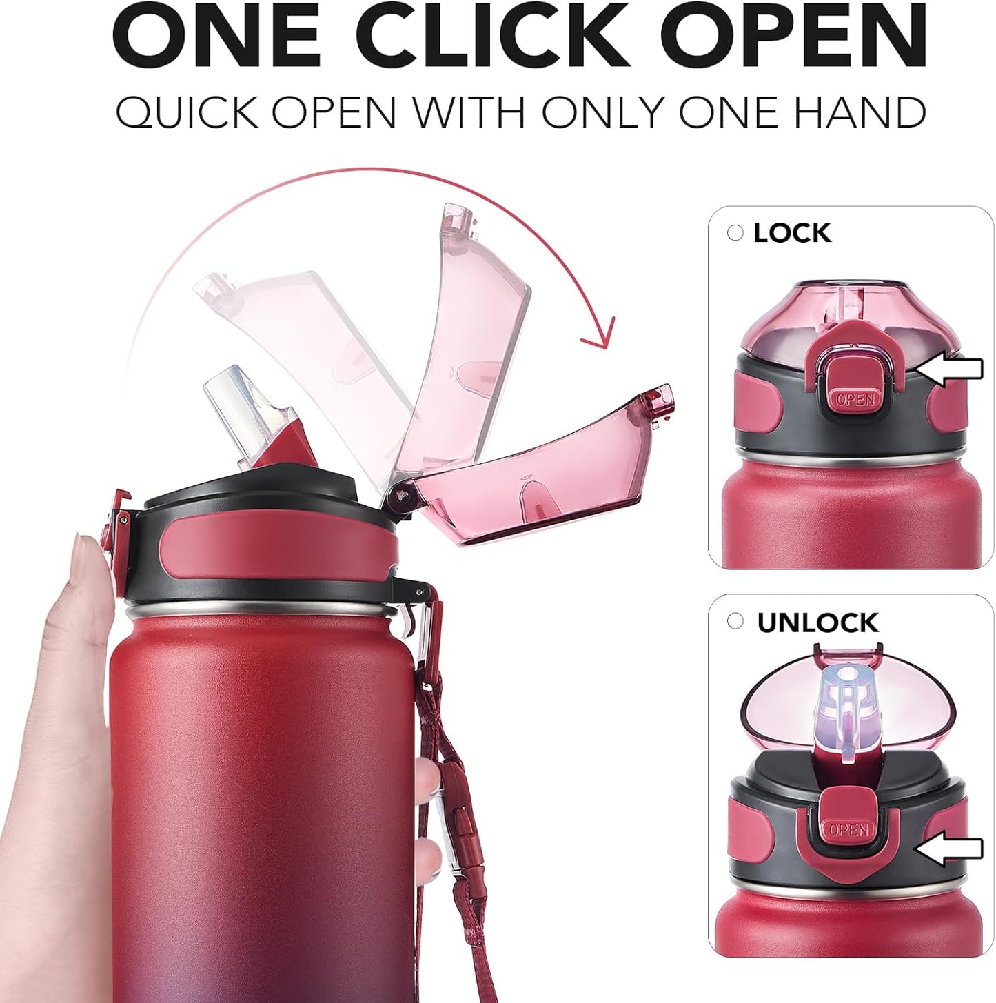 Enerbone 24 oz Insulated Water Bottle, Stainless Steel Bottle with Carrying Strap, Double-Wall Vacuum Insulation Design, Leakproof Sports Bottle with Straw, Keep Drinks Cold or Hot for Hours
