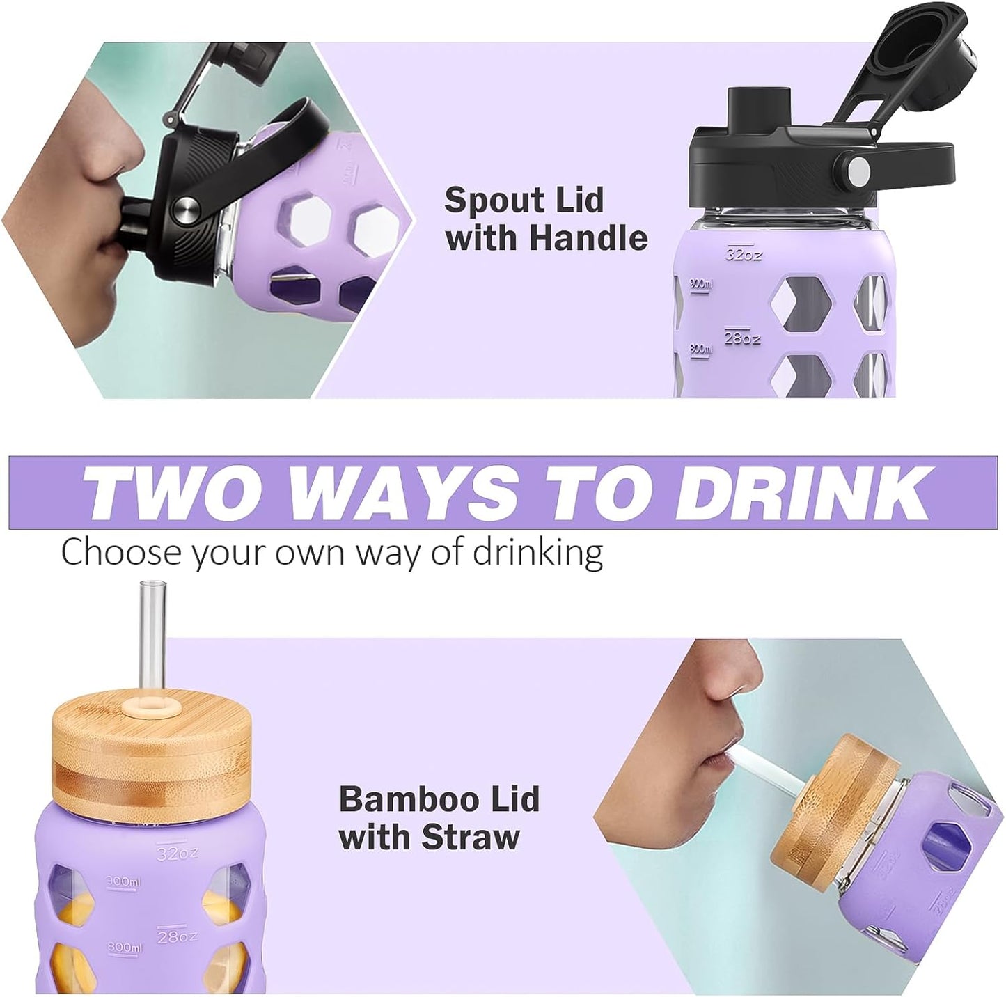 MUKOKO Glass Water Bottles, 32oz Glass Tumbler with Straw, Drinking Bottles with 2 Lids-Handle Spout Lid&Bamboo Straw Lid, Motivational Water Bottle with Time Marker and Silicone Sleeve, 1 Pack-Olive