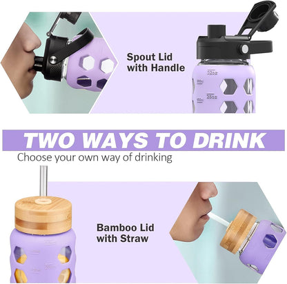 MUKOKO Glass Water Bottles, 32oz Glass Tumbler with Straw, Drinking Bottles with 2 Lids-Handle Spout Lid&Bamboo Straw Lid, Motivational Water Bottle with Time Marker and Silicone Sleeve, 1 Pack-Olive