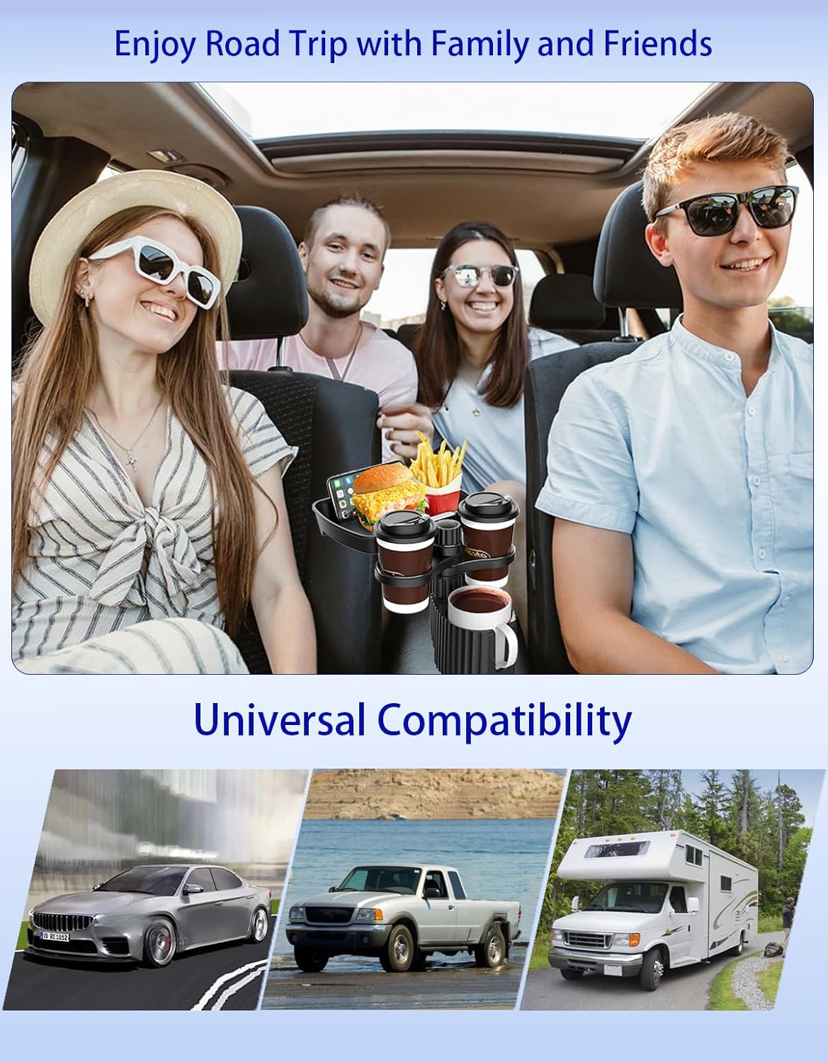 Car Cup Holder Tray - 4-in-1 Universal Car Cup Holder Expander with Snack Table and 3 Drink Mount for Automotive Road Trip, Driver and Front Passenger Organizer for Trucks, SUVs, Minivans