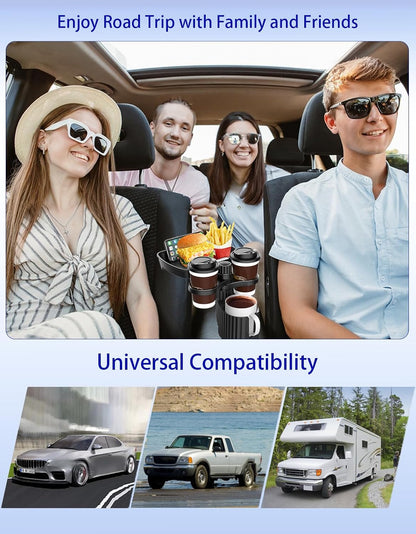 Car Cup Holder Tray - 4-in-1 Universal Car Cup Holder Expander with Snack Table and 3 Drink Mount for Automotive Road Trip, Driver and Front Passenger Organizer for Trucks, SUVs, Minivans