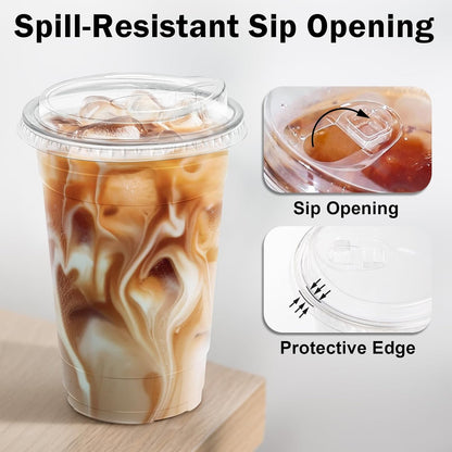 BYSNOW 100 Pack 16 oz Clear Plastic Cups with Lids, Disposable Iced Coffee Cups with Sip Lids, Sturdy Plastic Smoothie Cups for Cold Drinks