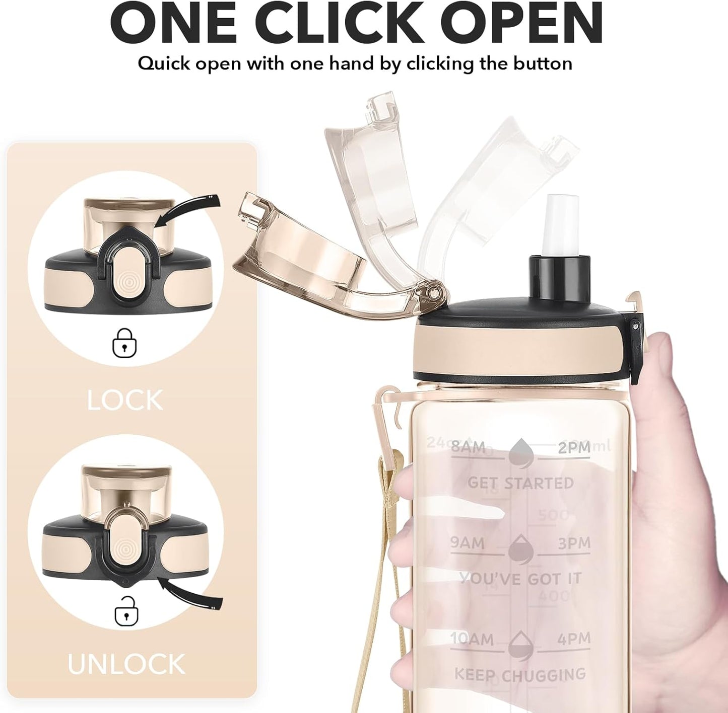 Enerbone Water Bottle, Leakproof BPA & Toxic Free, Motivational Water Bottle with Times to Drink and Straw, Fitness Sports Water Bottle with Strap for Office, Gym, Outdoor Sports