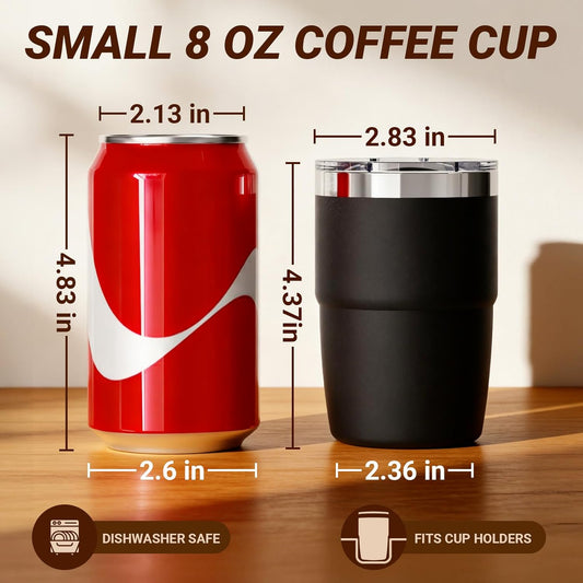 8 oz Small Coffee Cup with Magnetic Lid, Ceramic-Lined 18/8 Stainless Steel, Double-Wall Vacuum Insulated, Stackable, Dishwasher Safe, Mini Tumbler for On-the-Go, 2 Pack, Black