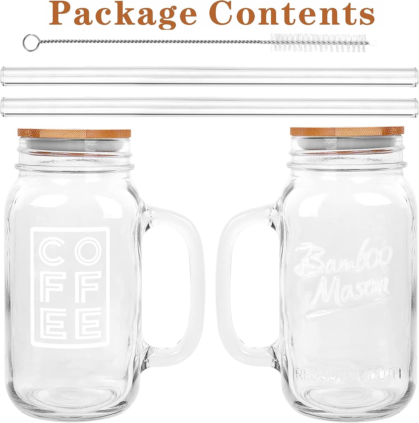 ANOTION Mason Jar Iced Coffee Cup with Lid and Straw, 24oz Regular Mouth Mason Jars with Handle Glass Coffee Drinking Glasses Tumbler Reusable Cups Bottles for Iced Coffee Cups for Travel Office Home