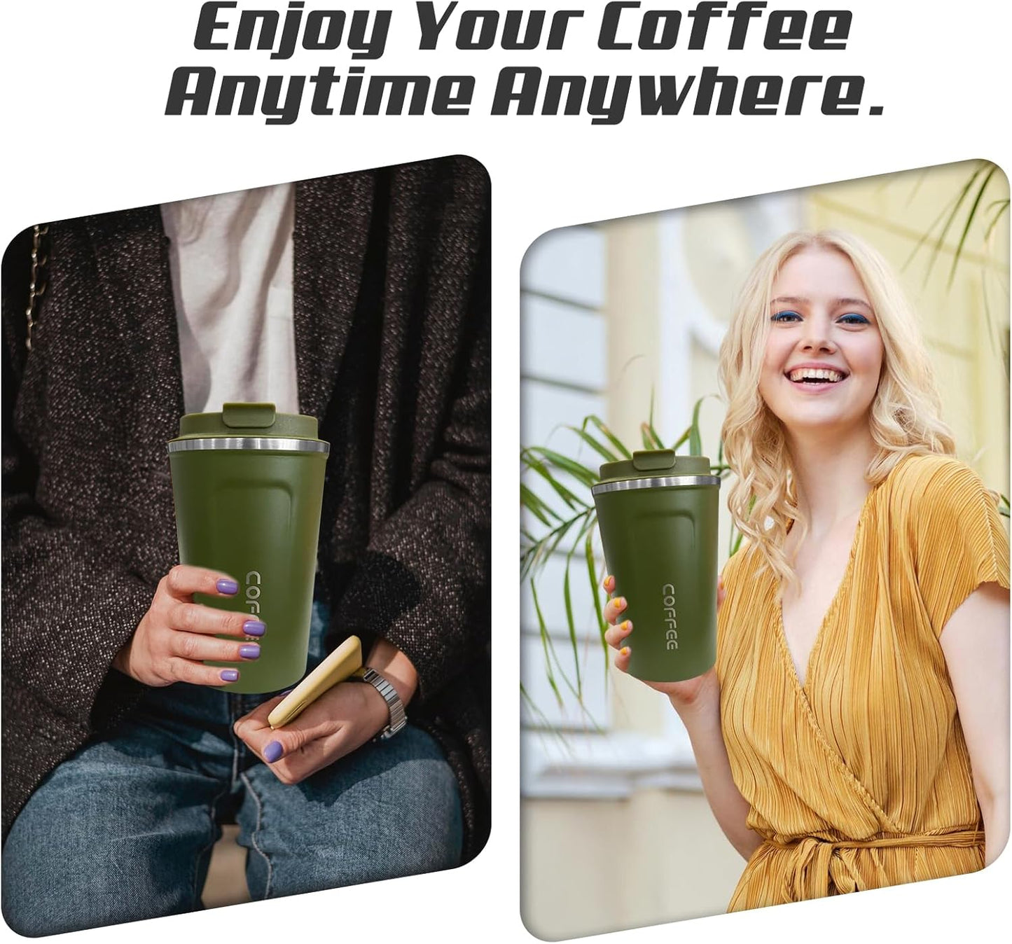 SPLMIFA Travel Coffee Mug Leak-Proof, Reusable Coffee Cups with Lids, Stainless Steel Vacuum Insulated Coffee Tumblers, Thermal Insulation Cup for Men and Women Hot & Cold Drinks(2nd-Green Pink, 12OZ)