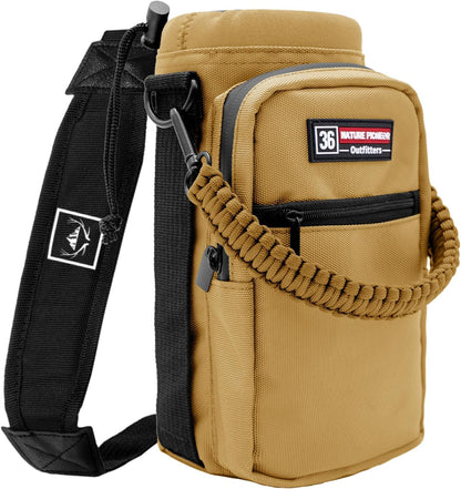 NATURE PIONEOR Water Bottle Holder with Adjustable Strap - 26/32/36/40/46/64oz Insulated Water Bottle Sling Carrier with Paracord Handle & 2 Pockets, Outdoor Sports, Hiking, Camping, Gym