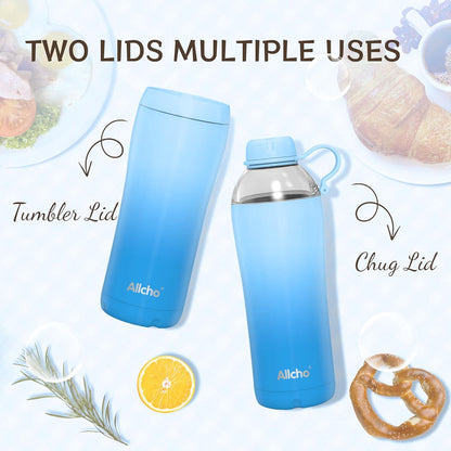 Allcho Insulated Water Bottle for Women, 18oz Stainless Steel Leak Proof Tumbler with 2 Lids, BPA-Free Tritan Chug & Straw Lid, Double Wall Vacuum Flask