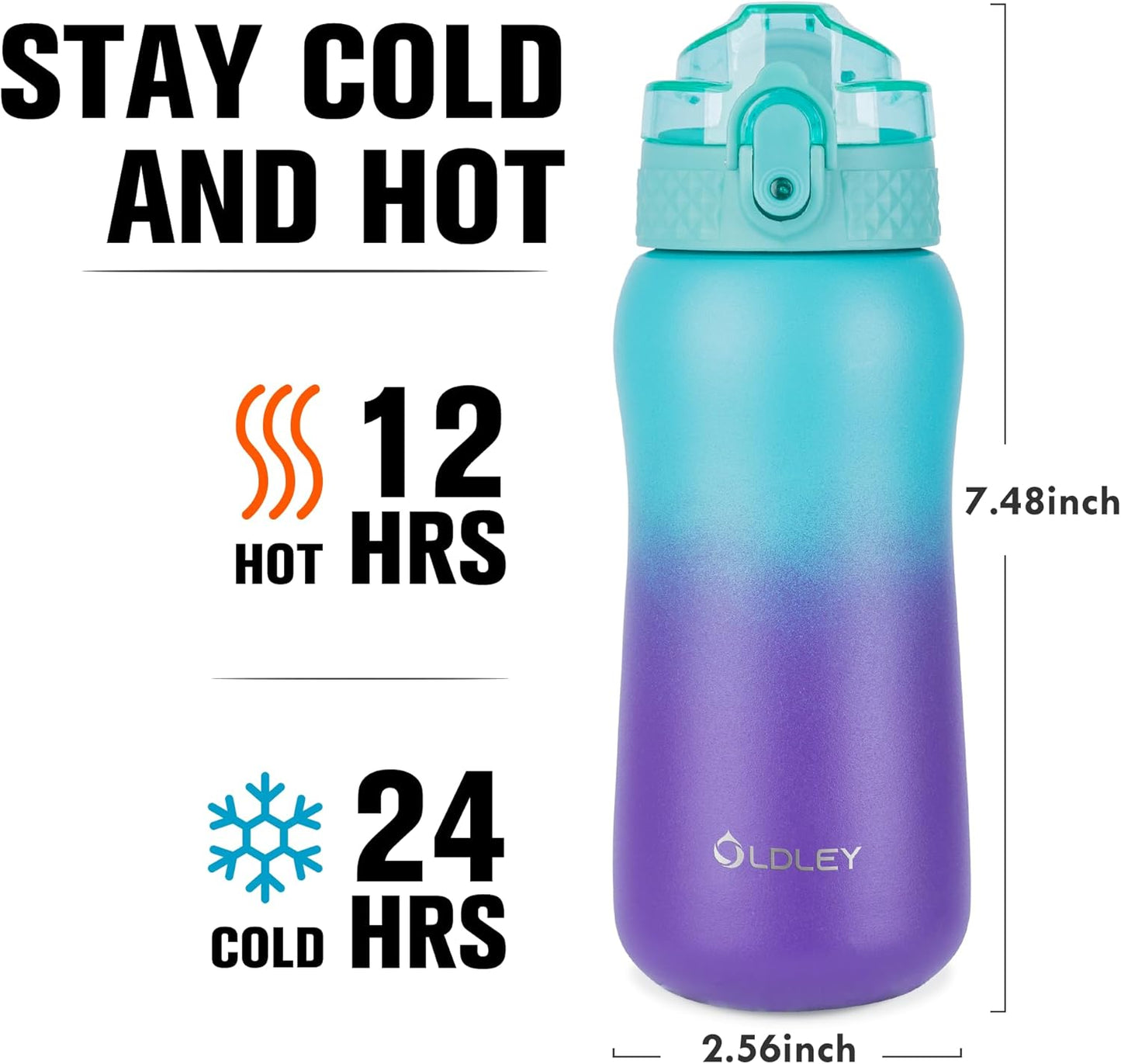 Oldley Insulated Water Bottle 20oz for Adults Kids Stainless Steel Water Bottles with Straw/Chug/Carabiner 3 Lids Fruit Strainer Double Wall Vacuum Wide Mouth BPA Free Leak-Proof for School Travel
