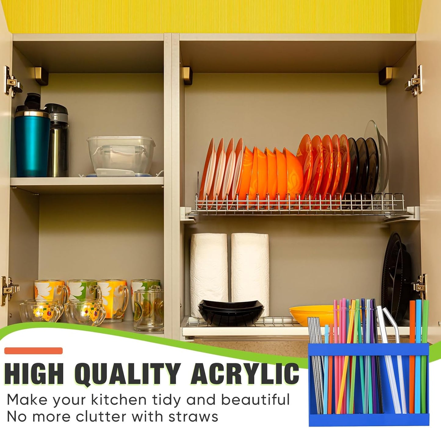 Qinyoung Acrylic Straw Holder for Cabinet Door with Double Sided Adhesive Tape Reusable Straw Organizer Tumbler Storage Kitchen Accessories Container for Counter Cupboard(Classic,Large,Transparent)