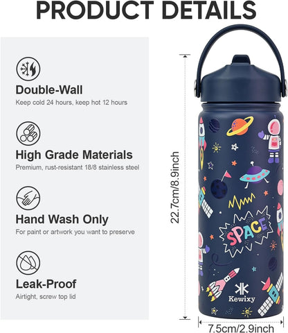 KEWIXY Kids Water Bottle for School, Easy Slide Lid, Leak Proof, Keep Cold 24H, Vacuum Insulated Tumbler, Metal Stainless Steel with Straw and Handle, for Boys&Girls (18OZ, Candy Pink)