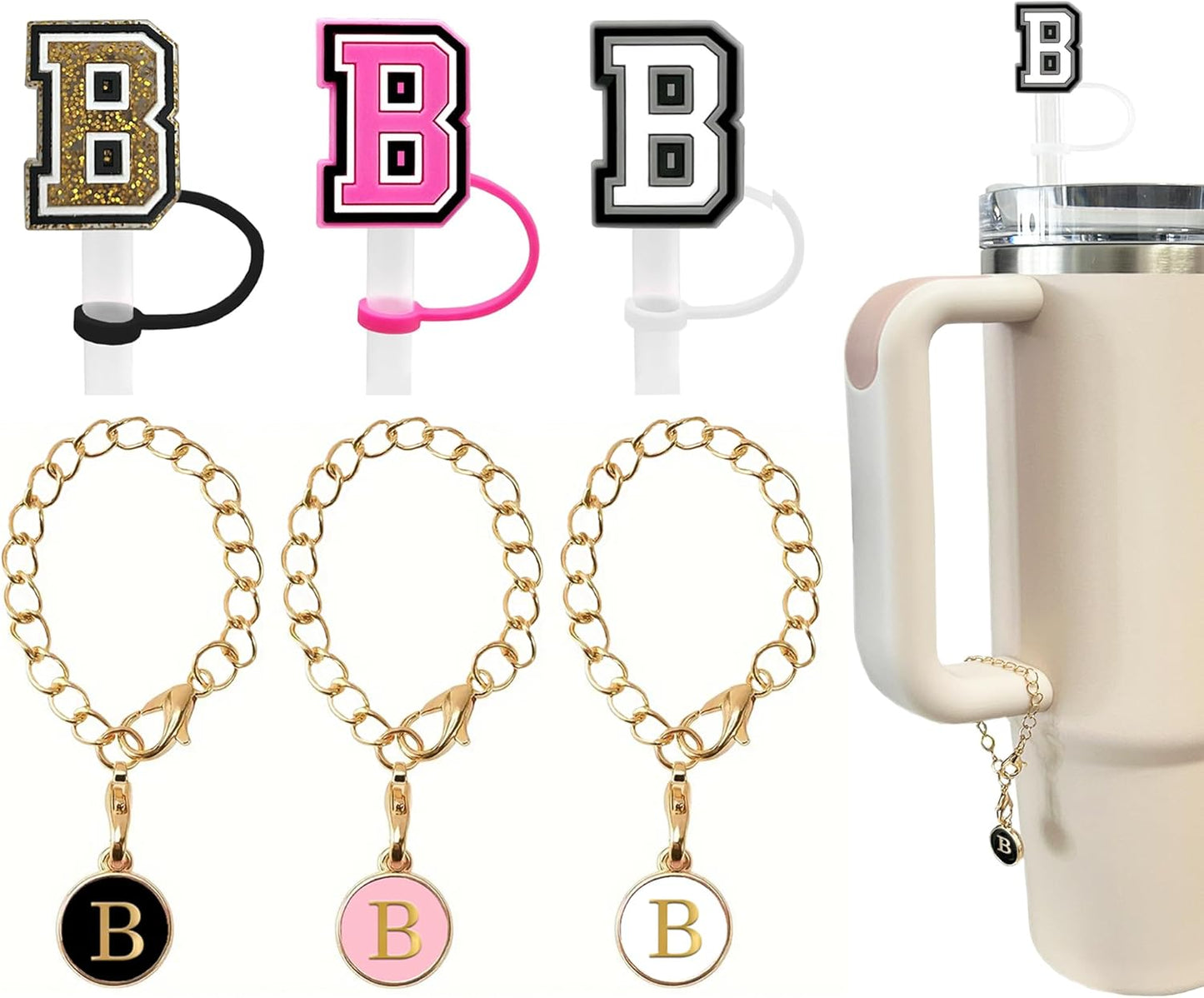 （3 +3) 3PCS Nuozme Straw Cover 10mm For Stanley Tumbler Cup Reusable Straw Cap Topper with 3 Initial Letter Charms Accessories Name ID Personalized Handle Charm For Stanley 30&40 Oz Cup Tumbler - Colors A